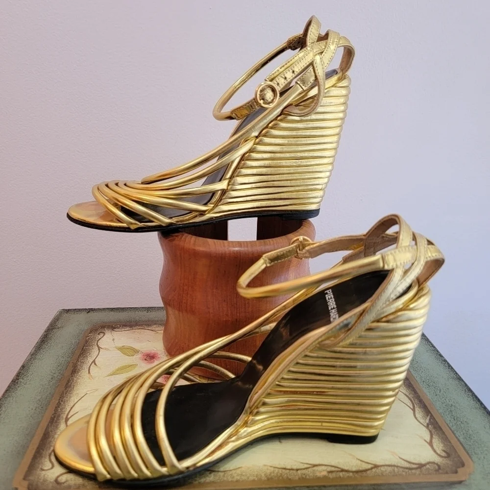 Pierre Hardy Gold Metallic Leather Wedge Strappy Sandal Size 36.5 - Picture 3 of 10